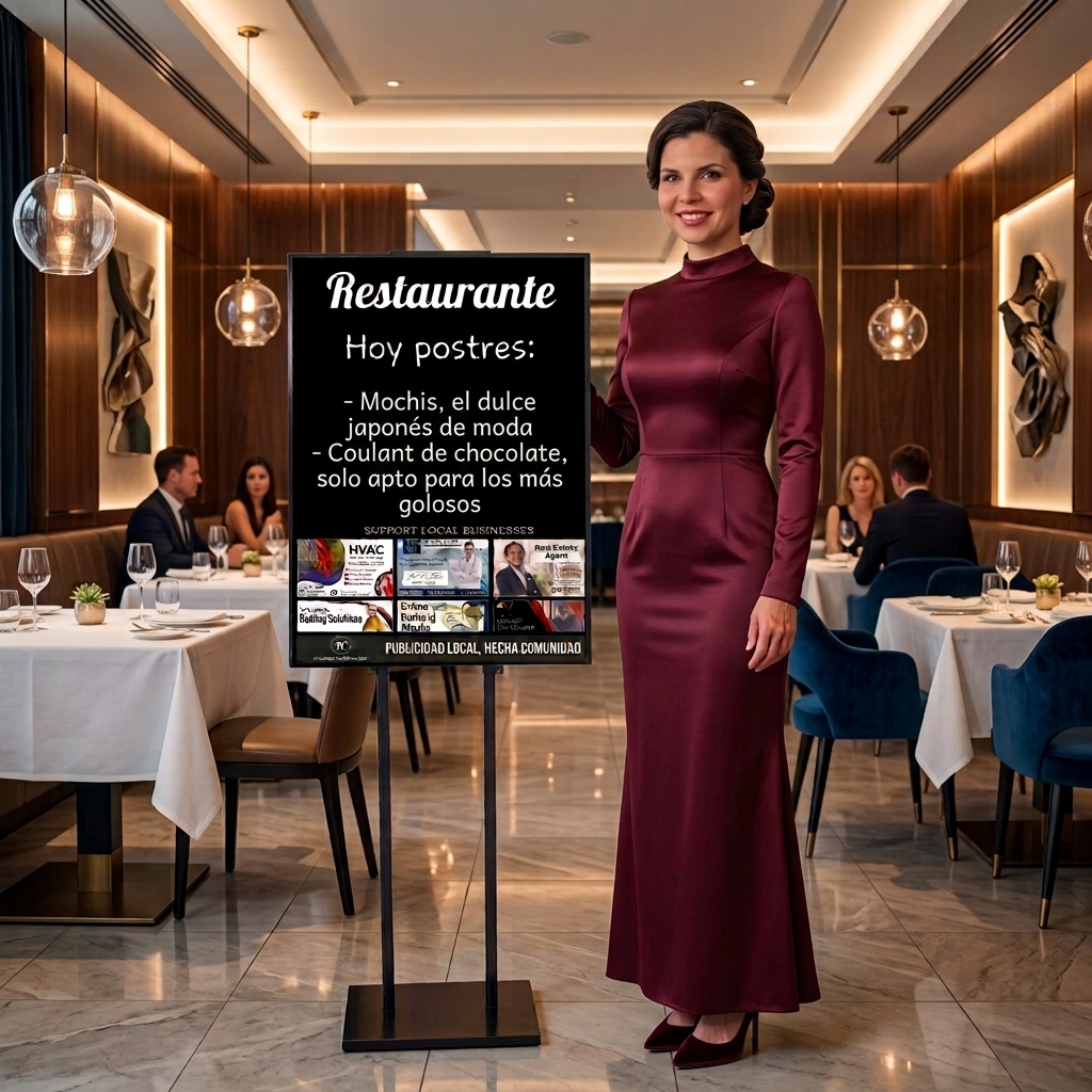 Mujer junto a un Tablero Comunitario instalado en un restaurante, con seis espacios publicitarios para negocios locales.